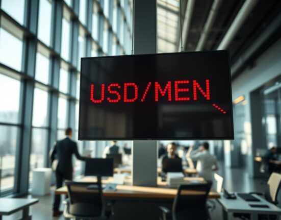 Digital trading screen showing USD/MXN exchange rate in red, indicating peso weakness
