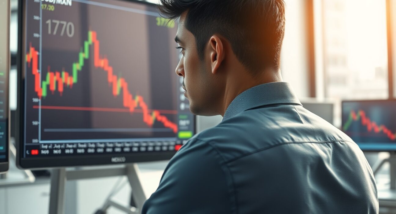 Trader in Mexico City analyzes USD/MXN forex chart spiking above 17.70 amid geopolitical risk.