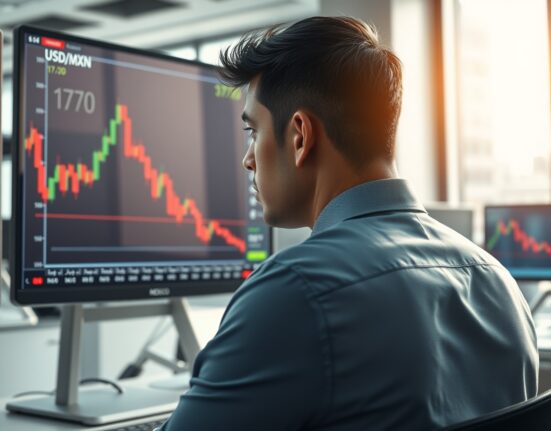 Trader in Mexico City analyzes USD/MXN forex chart spiking above 17.70 amid geopolitical risk.