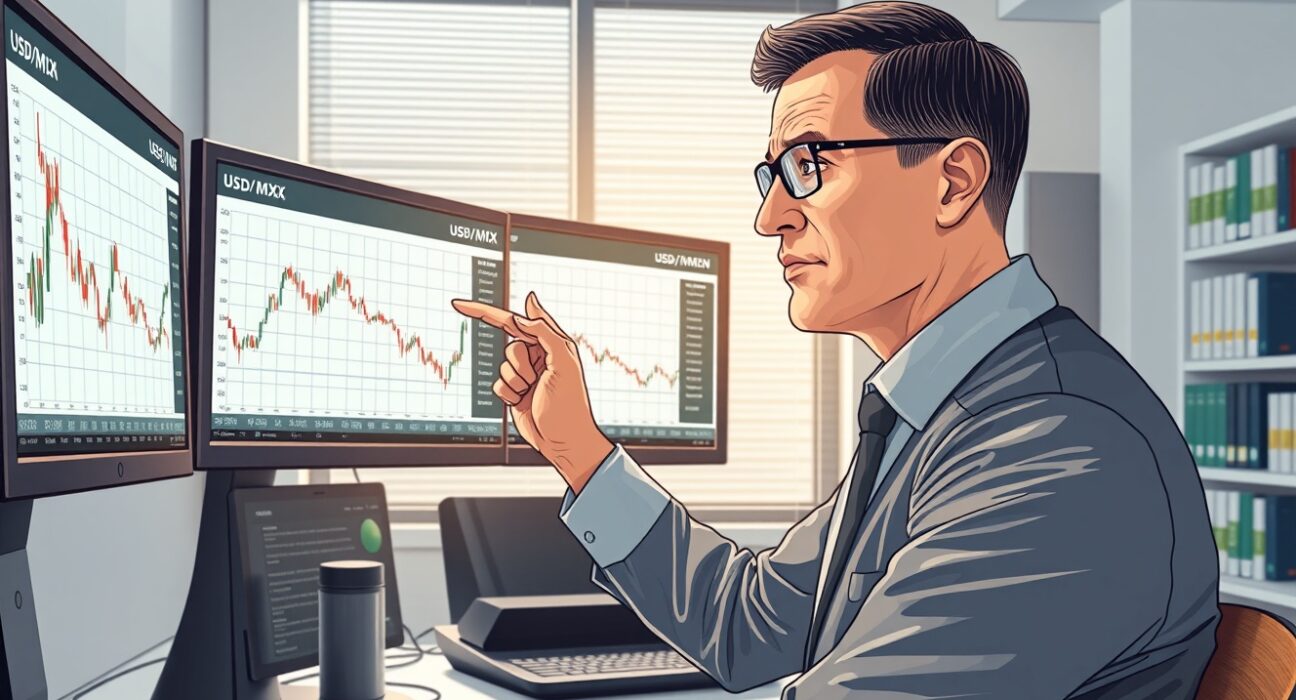 Financial analyst reviewing USD/MXN currency charts following Banxico's interest rate decision