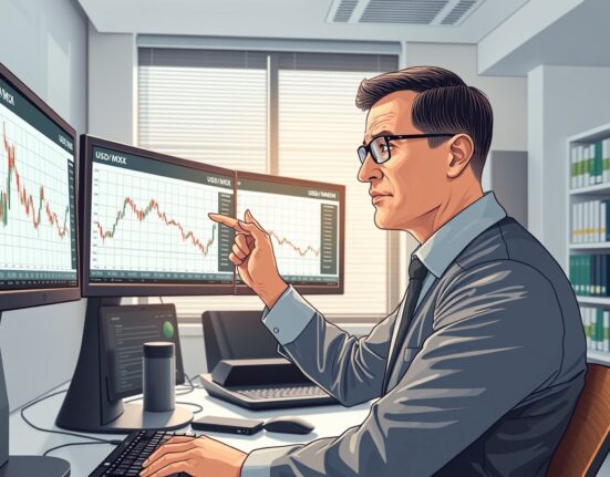 Financial analyst reviewing USD/MXN currency charts following Banxico's interest rate decision