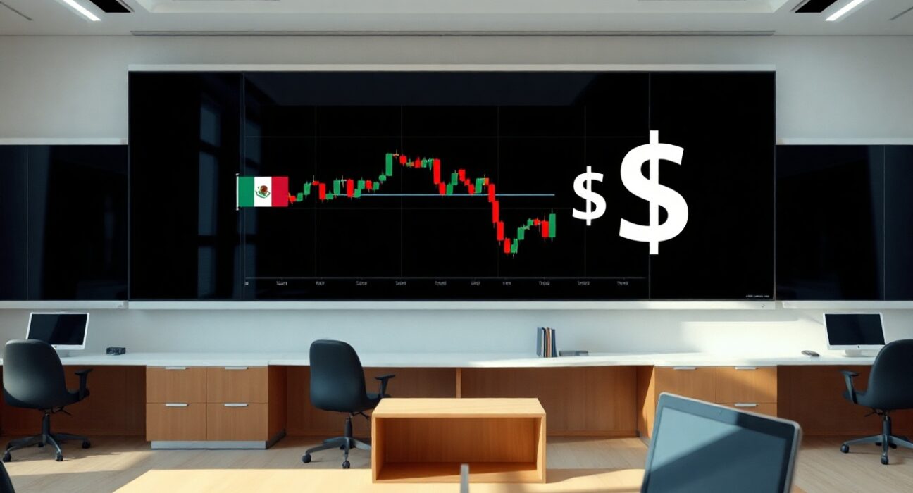 USD/MXN chart showing a downtrend toward 17.00 in a trading room