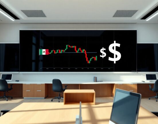 USD/MXN chart showing a downtrend toward 17.00 in a trading room
