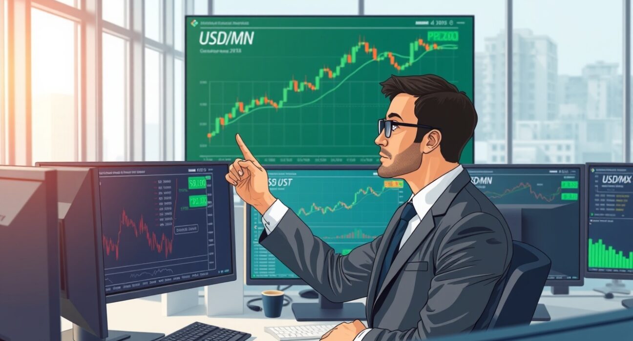 Financial analyst examining USD/MXN exchange rate charts showing Mexican Peso strength from trade resilience.