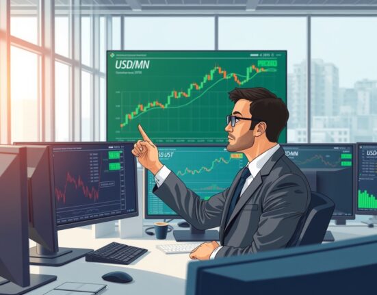 Financial analyst examining USD/MXN exchange rate charts showing Mexican Peso strength from trade resilience.