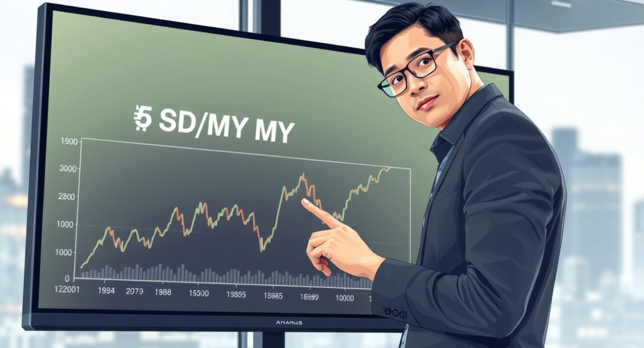 Financial analyst reviews USD to Malaysian ringgit exchange rate chart for market insights.