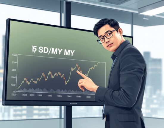 Financial analyst reviews USD to Malaysian ringgit exchange rate chart for market insights.