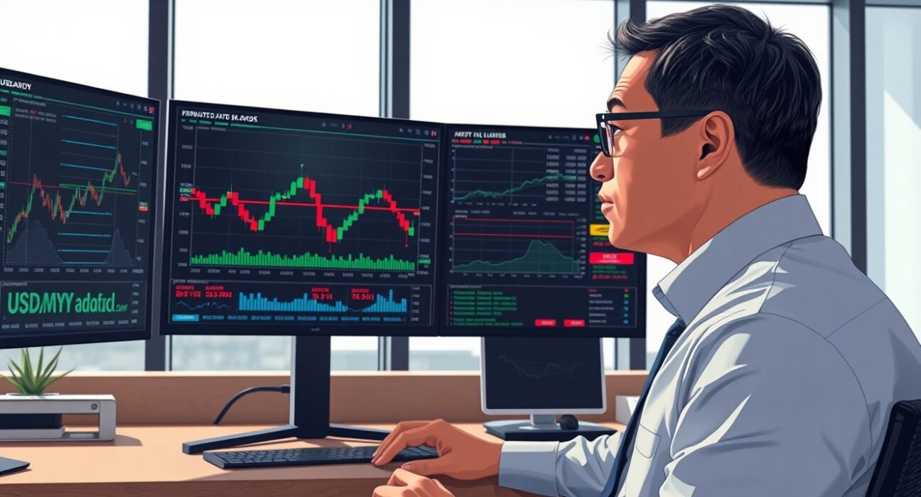 Financial analyst examining USD/MYR currency pair charts with support level indicators