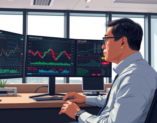 Financial analyst examining USD/MYR currency pair charts with support level indicators