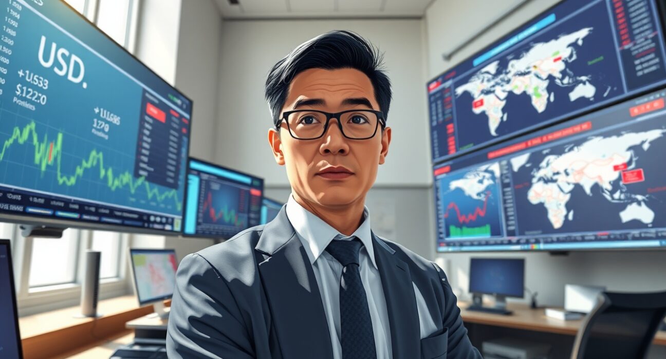 Financial analyst examining USD currency charts and geopolitical data for market forecasting