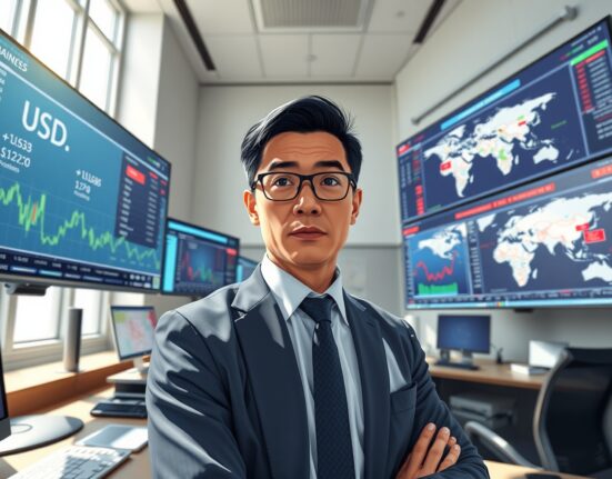 Financial analyst examining USD currency charts and geopolitical data for market forecasting