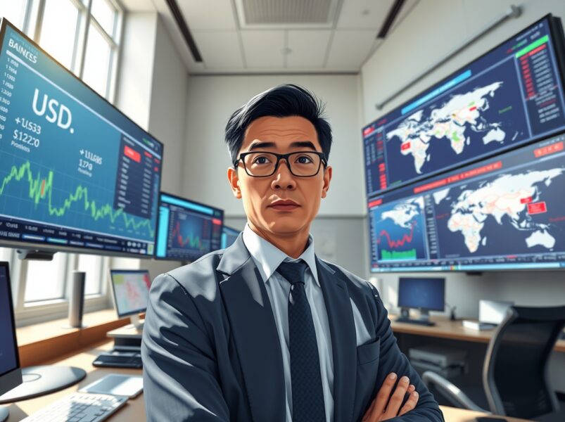 Financial analyst examining USD currency charts and geopolitical data for market forecasting