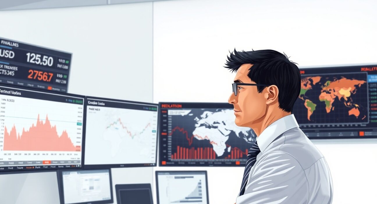 Financial analyst examining USD currency charts and geopolitical risk data in trading environment