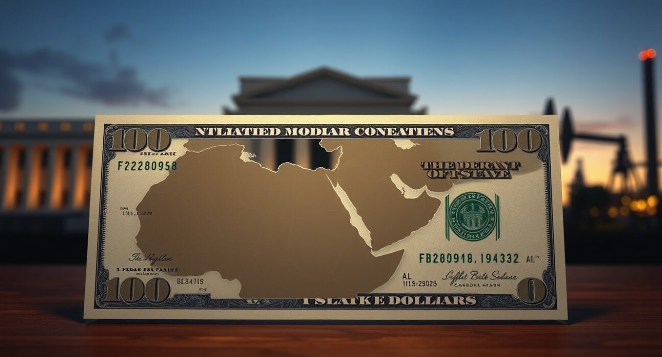 USD banknote overlaid with Middle East map, symbolizing Fed policy risks and geopolitical tensions affecting dollar forecast.