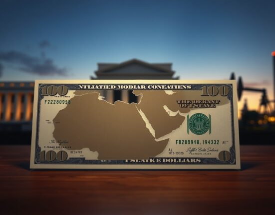 USD banknote overlaid with Middle East map, symbolizing Fed policy risks and geopolitical tensions affecting dollar forecast.