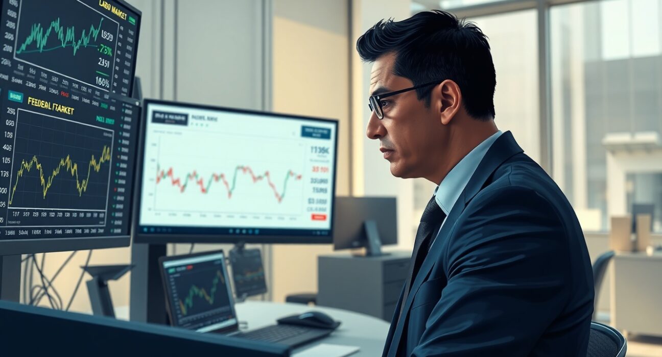 Financial analyst reviewing USD outlook with NFP data and Federal Reserve policy indicators on multiple screens