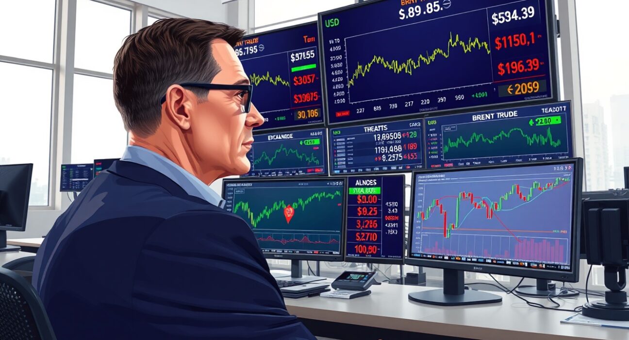 Financial analyst examining USD and oil price data charts in trading environment