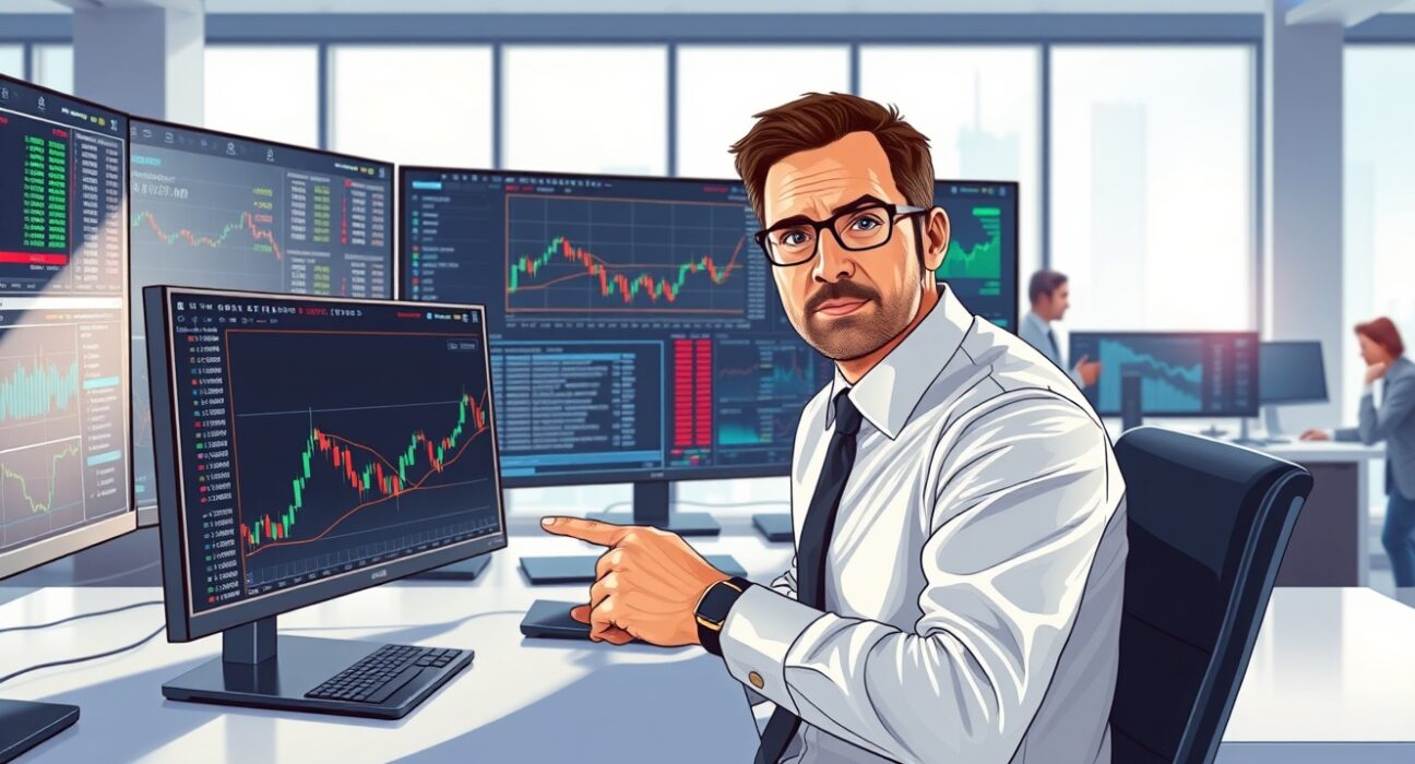 Financial analyst examining US Dollar Index charts amid 2025 market conditions and risk rally dynamics