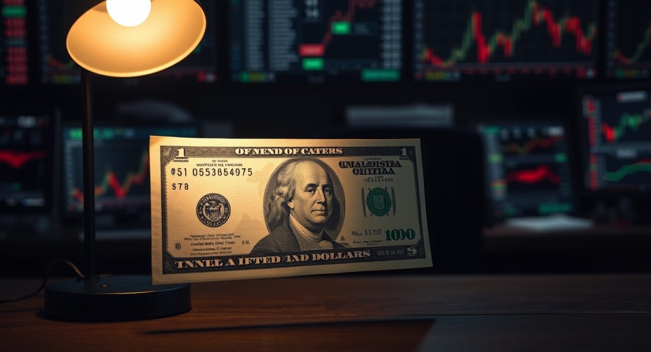 US dollar banknote on a trading desk with blurred monitors in the background