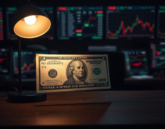 US dollar banknote on a trading desk with blurred monitors in the background