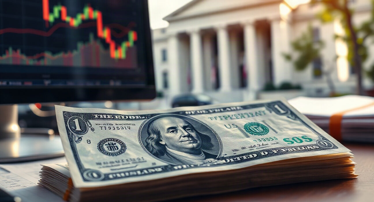 US dollar and Treasury bond on a desk with a financial chart on a monitor, representing the USD outlook and Fed policy.