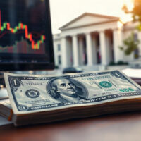 US dollar and Treasury bond on a desk with a financial chart on a monitor, representing the USD outlook and Fed policy.