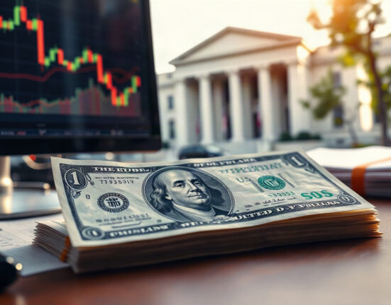 US dollar and Treasury bond on a desk with a financial chart on a monitor, representing the USD outlook and Fed policy.