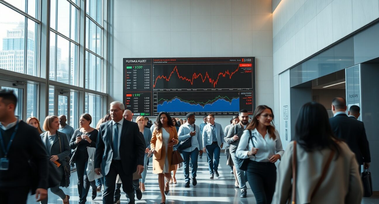 Professionals walking past a financial data display in a modern office lobby, symbolizing the US labor market and economic data.