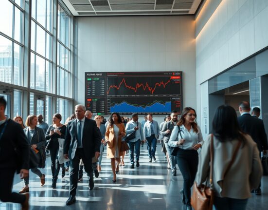 Professionals walking past a financial data display in a modern office lobby, symbolizing the US labor market and economic data.