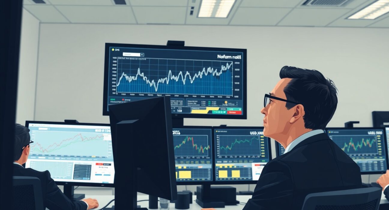 Financial analyst examining USD payrolls data charts in Societe Generale market analysis report