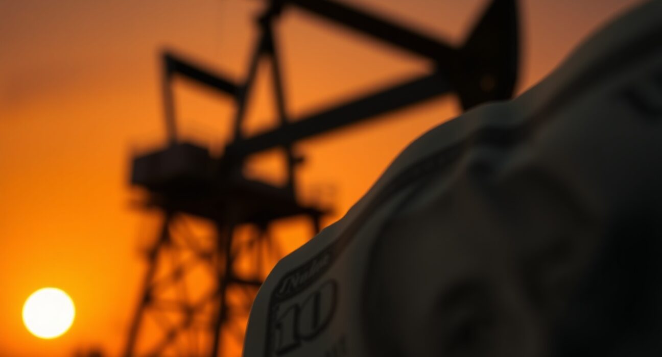 US dollar banknote in focus with blurred oil rig in background at sunset