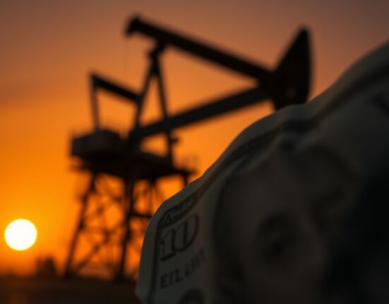 US dollar banknote in focus with blurred oil rig in background at sunset