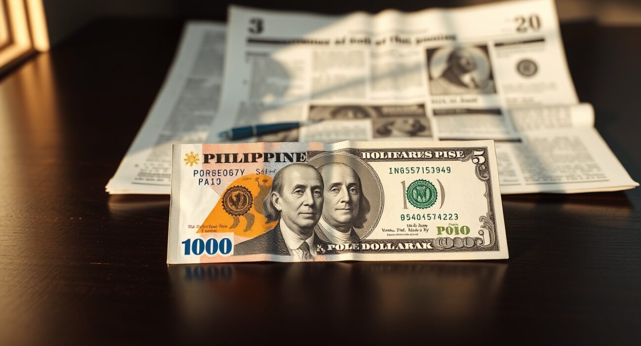 Philippine peso and US dollar banknotes on a desk with a financial newspaper in the background
