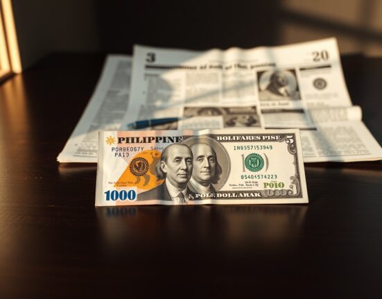 Philippine peso and US dollar banknotes on a desk with a financial newspaper in the background