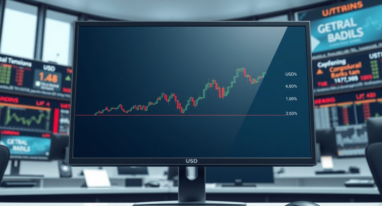 Forex trading desk analysis showing USD chart holding key support level amid geopolitical news.