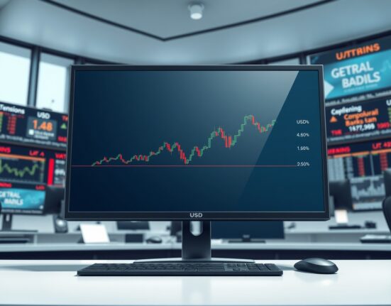 Forex trading desk analysis showing USD chart holding key support level amid geopolitical news.
