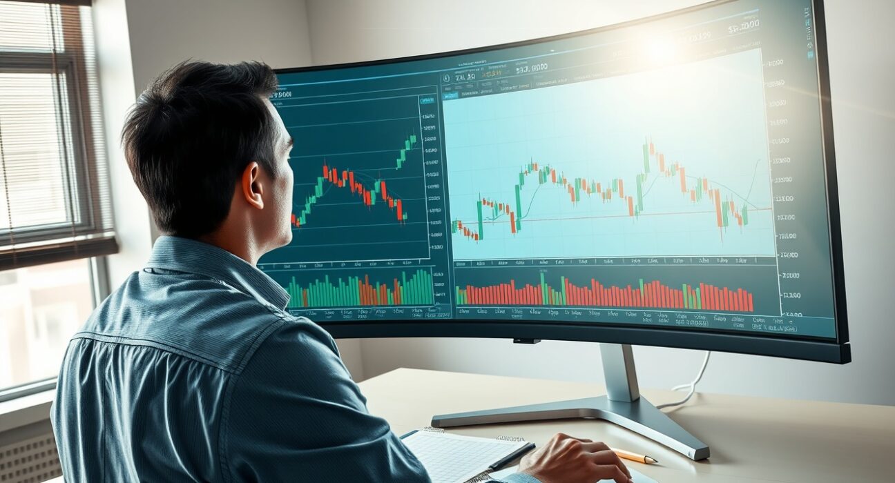 Financial analyst examining US Dollar Index charts with Bollinger Bands for BBH's range trading analysis
