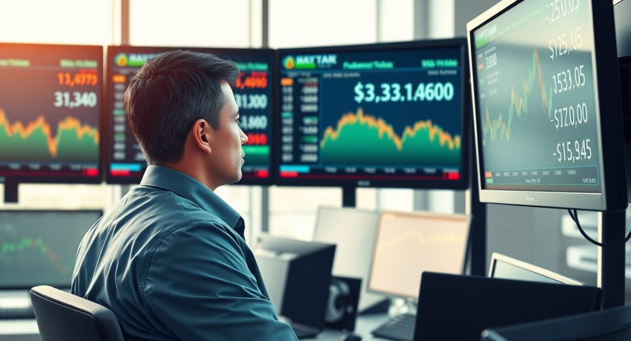 Financial analyst monitoring USD exchange rates and Federal Reserve data in trading environment