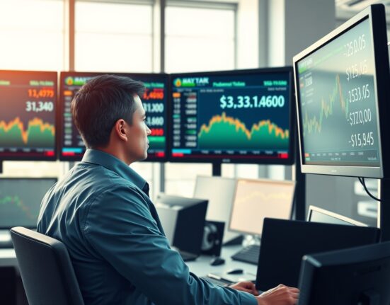 Financial analyst monitoring USD exchange rates and Federal Reserve data in trading environment