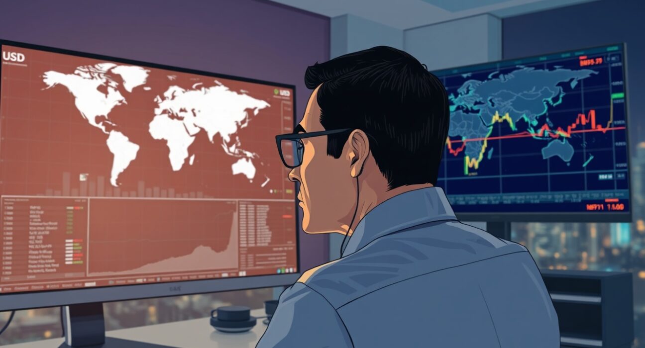 Currency trader analyzing USD rebound during Middle East geopolitical tensions on financial charts.
