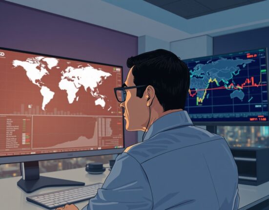 Currency trader analyzing USD rebound during Middle East geopolitical tensions on financial charts.