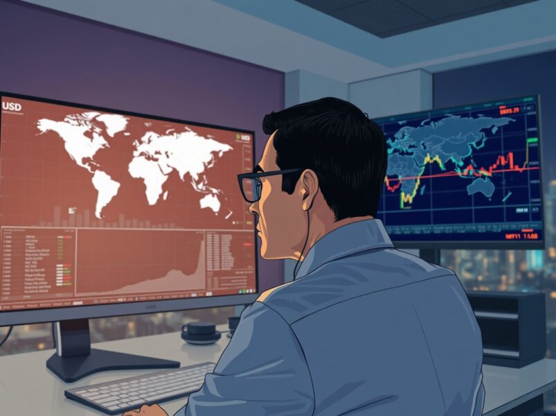 Currency trader analyzing USD rebound during Middle East geopolitical tensions on financial charts.