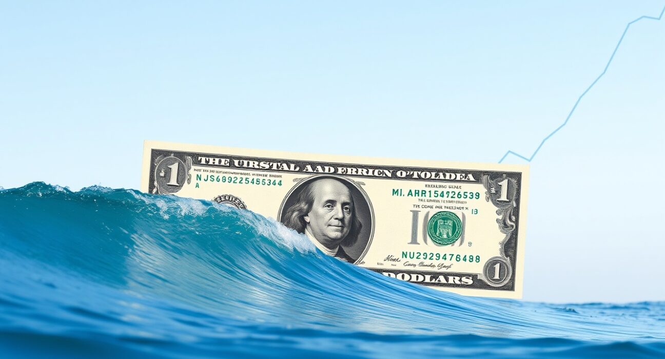 USD banknote with calm ocean wave and chart overlay representing restrained recovery amid low conflict risk