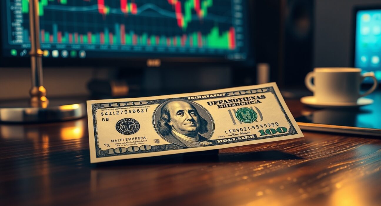 US dollar banknote on desk with financial charts in background, representing safe-haven demand and currency market analysis.