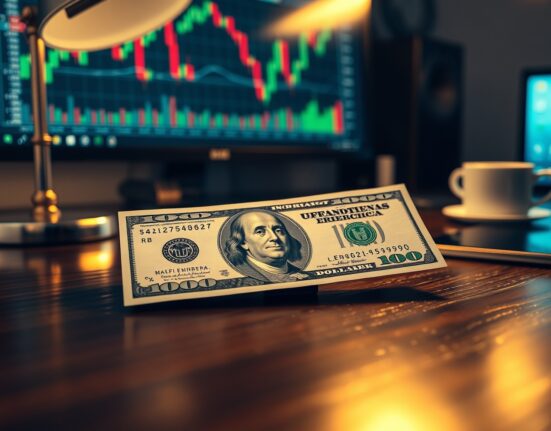 US dollar banknote on desk with financial charts in background, representing safe-haven demand and currency market analysis.