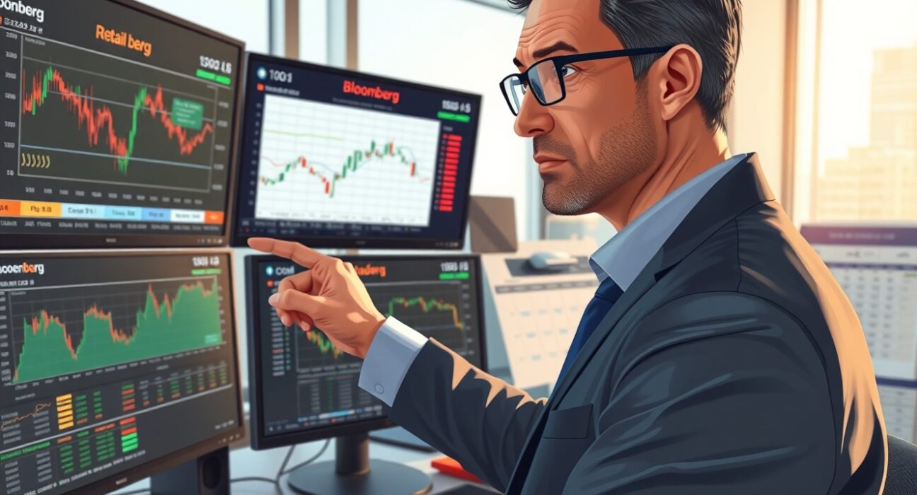 Financial analyst reviewing USD strength data with retail sales charts and Federal Reserve policy documents in trading environment