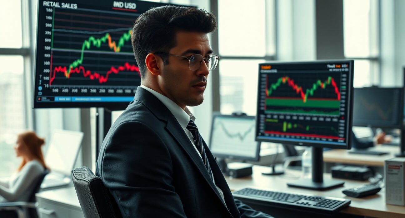 Financial analyst reviewing US retail sales and ISM manufacturing data for USD market implications
