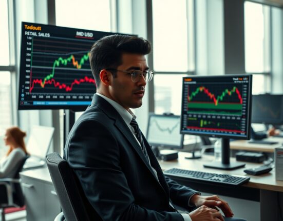 Financial analyst reviewing US retail sales and ISM manufacturing data for USD market implications