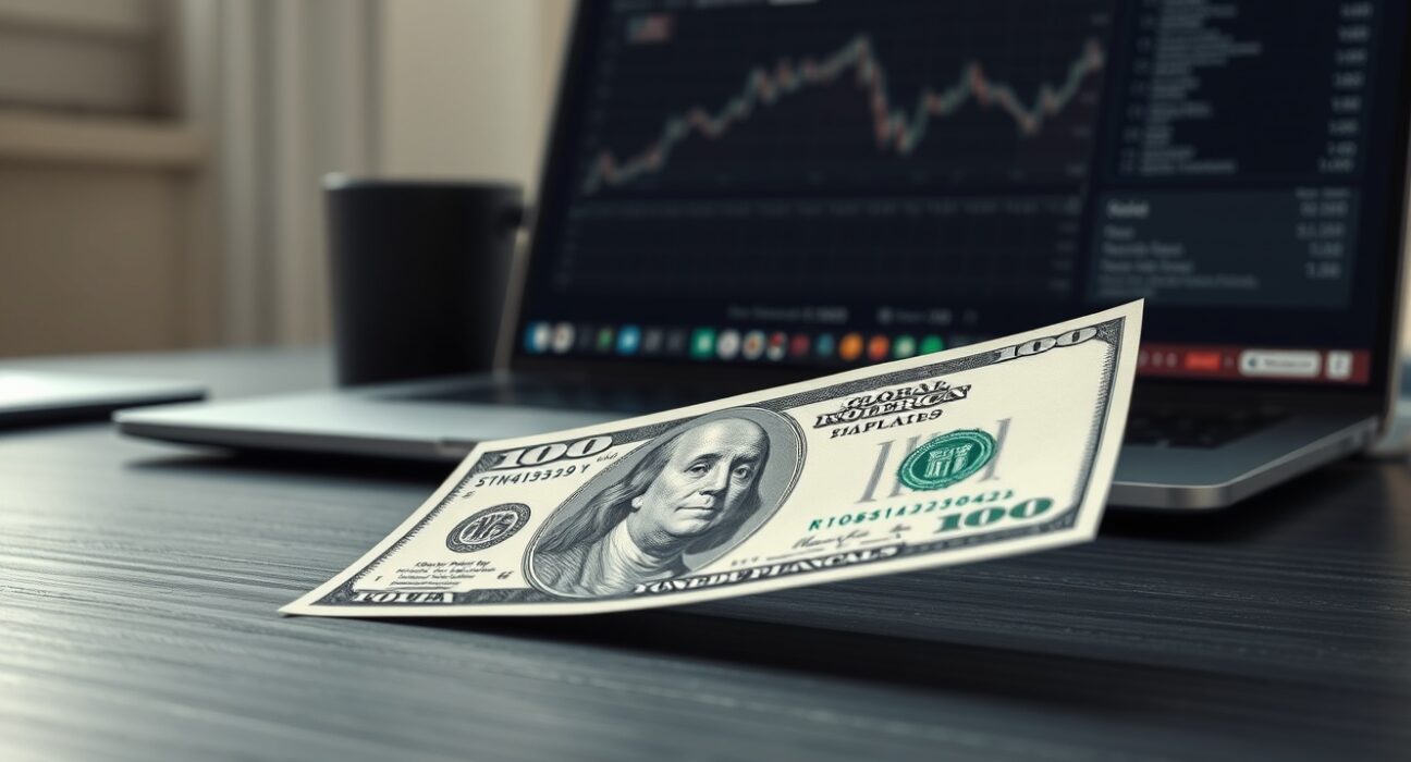 US dollar bill as a safe-haven asset during geopolitical uncertainty, with financial analysis in background.