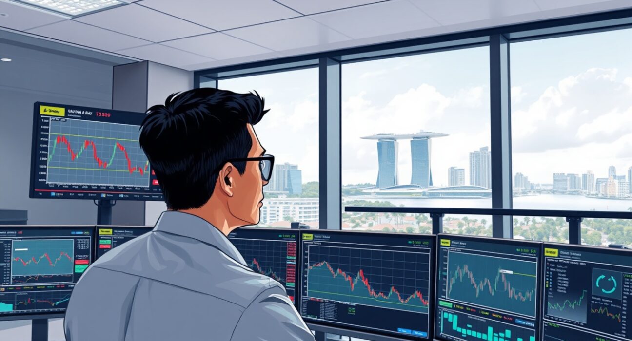 Financial analyst monitoring USD/SGD currency charts ahead of MAS monetary policy decision